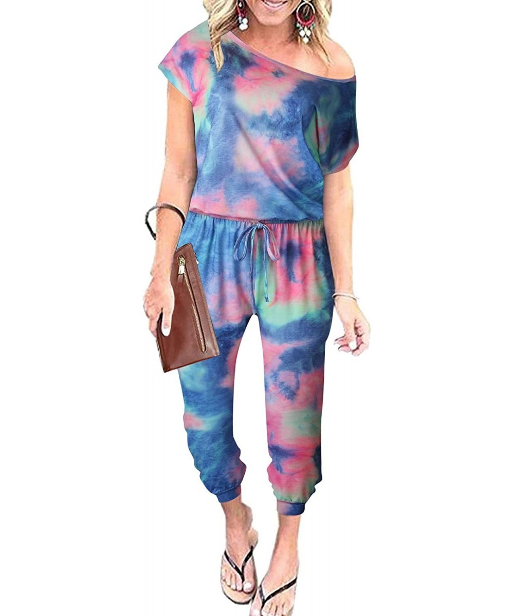 Sets Women's Loose Tie Dye Printed Off Shoulder Elastic Waist Stretchy Long Romper Jumpsuit Loungwear with Pockets - 1 Piece ...