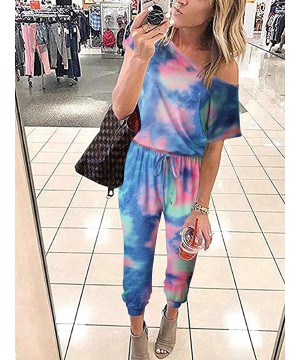 Sets Women's Loose Tie Dye Printed Off Shoulder Elastic Waist Stretchy Long Romper Jumpsuit Loungwear with Pockets - 1 Piece ...