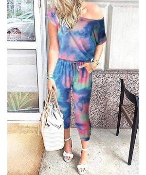 Sets Women's Loose Tie Dye Printed Off Shoulder Elastic Waist Stretchy Long Romper Jumpsuit Loungwear with Pockets - 1 Piece ...