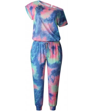 Sets Women's Loose Tie Dye Printed Off Shoulder Elastic Waist Stretchy Long Romper Jumpsuit Loungwear with Pockets - 1 Piece ...