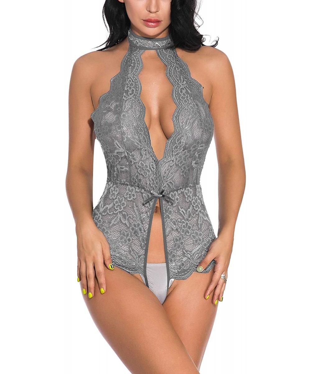 Baby Dolls & Chemises Women Teddy Lingerie Lace Halter Teddy Bodysuit Deep Plunge Babydoll Nightwear(Gray-XXL) - CY1927C239I