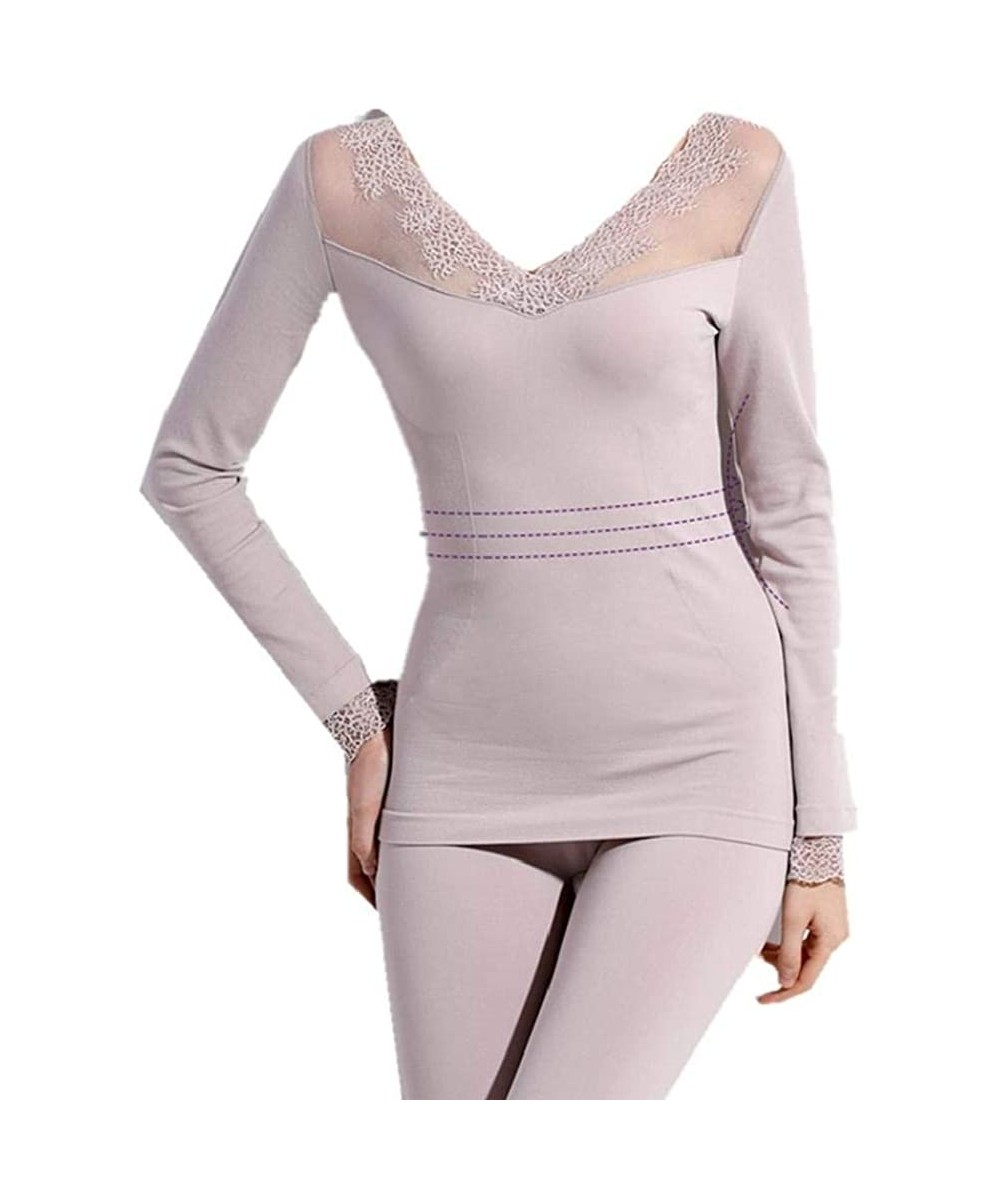 Thermal Underwear Winter Women's Thermal Underwear Set Sexy Lace Seamless Set - Gray - CV192O72327