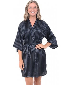 Robes Womens Satin Printed Robe- Mid-Length Dressing Gown - Blue Striped - CP12EF3VCER