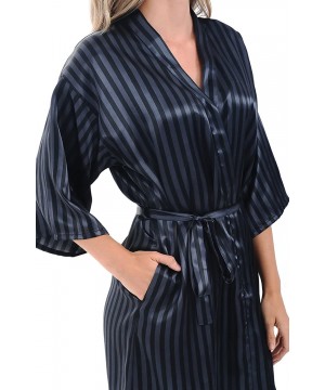 Robes Womens Satin Printed Robe- Mid-Length Dressing Gown - Blue Striped - CP12EF3VCER