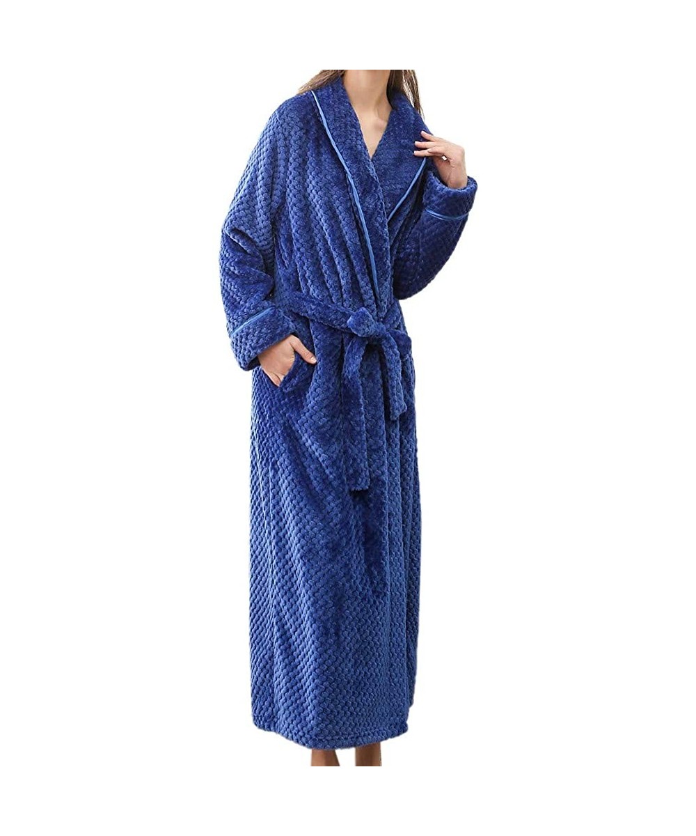 Robes Womens Dressing Gown Soft Plush Bath Robe Housecoat Loungewear Bathrobe Coral Fleece Thick Luxury Nightwear Blue - C718...