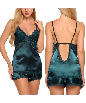 Sets Women's Lace Trim Satin Charmeuse Camisole and Tap Panty Set - Green - CQ18CLUKW7N