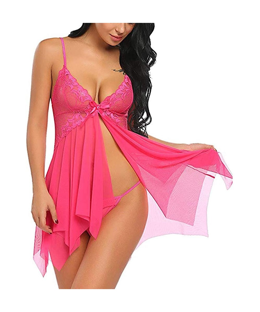 Baby Dolls & Chemises Womens Lingerie Sexy Women's Floral Lace Asymmetrical Hem Halter Neck Babydoll Mesh Dress with Thong Li...