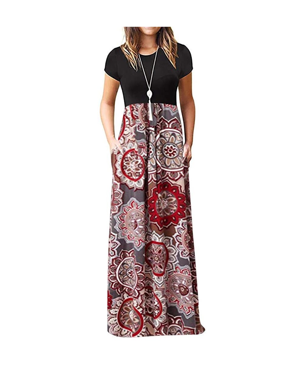 Panties Dresses for Womens- Cold Shoulder Pocket Floral Print Elegant Maxi Short Sleeve Casual - 5595brown - CN18S8AIKUT