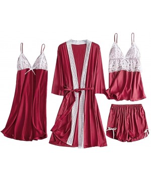 Sets 4 Pieces Satin Silk Sleepwear Lounge Nightgown Female Women Pajamas Sets Lace with Chest Pads - Red - CH198D5YSX2