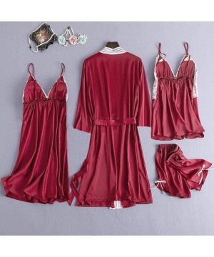 Sets 4 Pieces Satin Silk Sleepwear Lounge Nightgown Female Women Pajamas Sets Lace with Chest Pads - Red - CH198D5YSX2