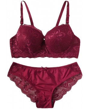 Bras Women's 2 Piece Lace Lingerie Set Push Up Underwire Bra & Panty - Burgundy - CV194TL0RYA