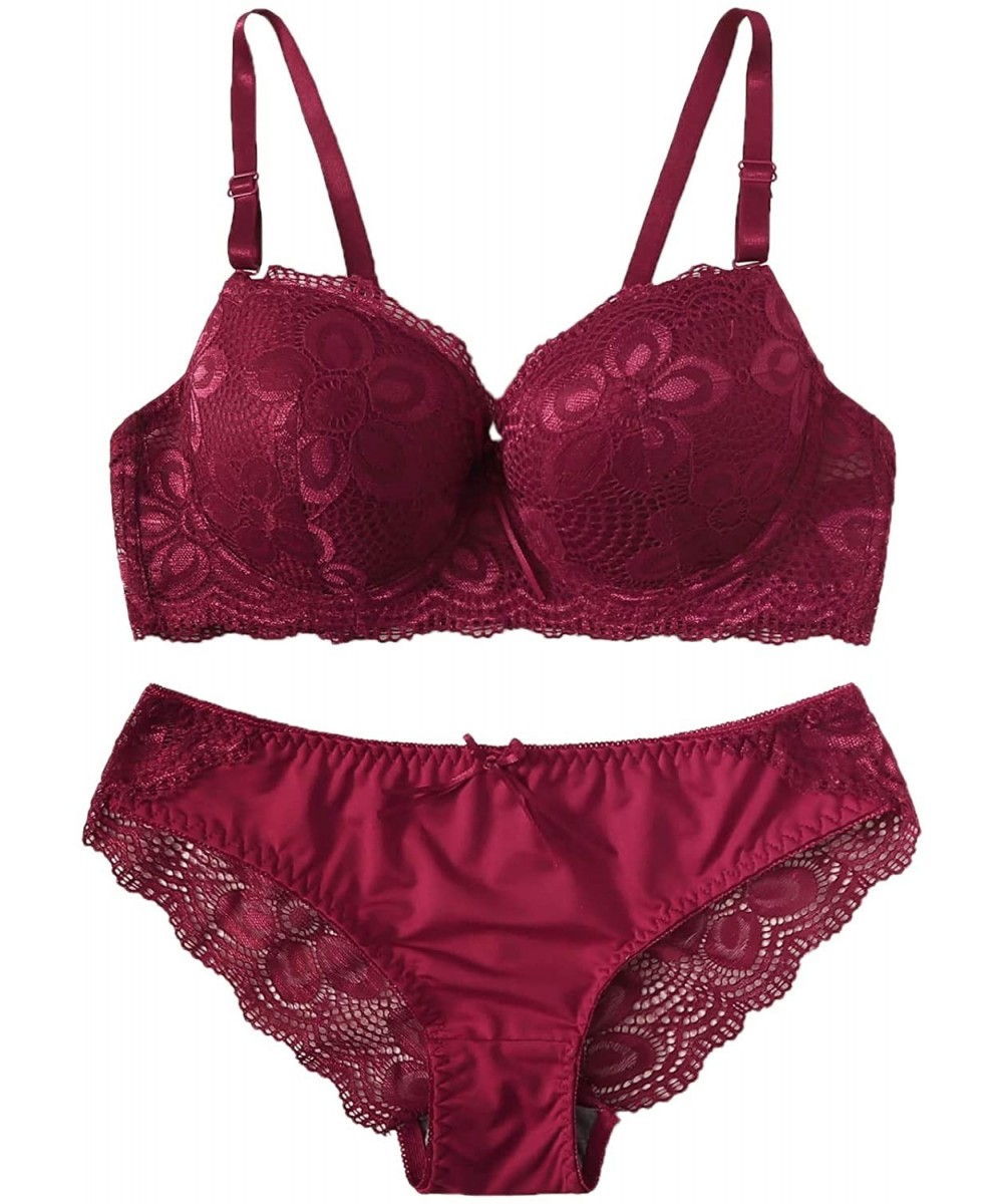 Bras Women's 2 Piece Lace Lingerie Set Push Up Underwire Bra & Panty - Burgundy - CV194TL0RYA