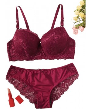 Bras Women's 2 Piece Lace Lingerie Set Push Up Underwire Bra & Panty - Burgundy - CV194TL0RYA