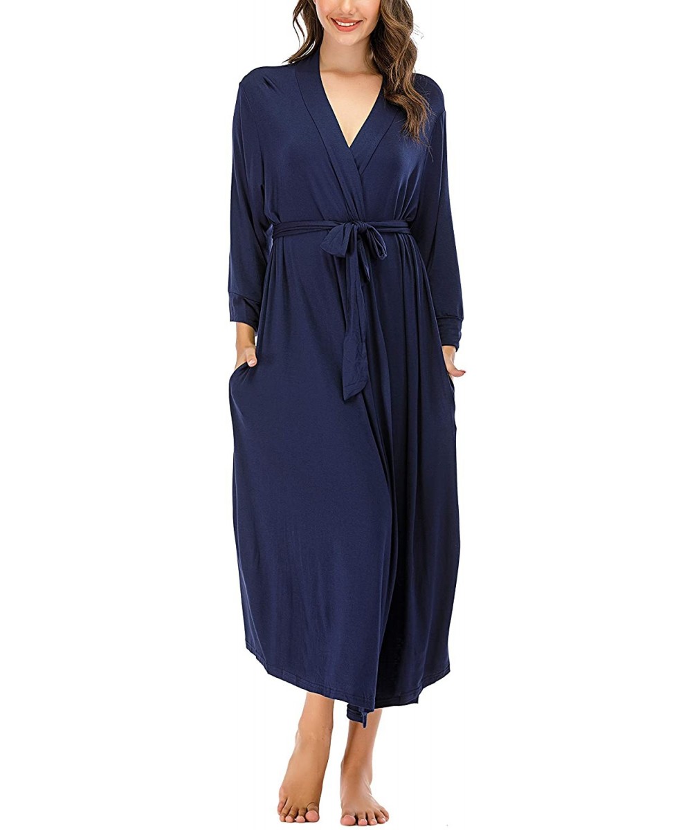 Robes Women Kimono Robes Lightweight Cotton Long Robe Knit Bathrobe Soft Sleepwear V Neck Loungewear for Women Navyblue - CI1...