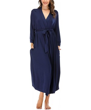 Robes Women Kimono Robes Lightweight Cotton Long Robe Knit Bathrobe Soft Sleepwear V Neck Loungewear for Women Navyblue - CI1...