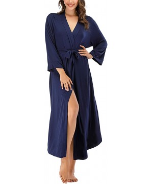 Robes Women Kimono Robes Lightweight Cotton Long Robe Knit Bathrobe Soft Sleepwear V Neck Loungewear for Women Navyblue - CI1...