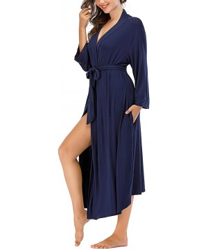 Robes Women Kimono Robes Lightweight Cotton Long Robe Knit Bathrobe Soft Sleepwear V Neck Loungewear for Women Navyblue - CI1...