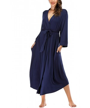 Robes Women Kimono Robes Lightweight Cotton Long Robe Knit Bathrobe Soft Sleepwear V Neck Loungewear for Women Navyblue - CI1...