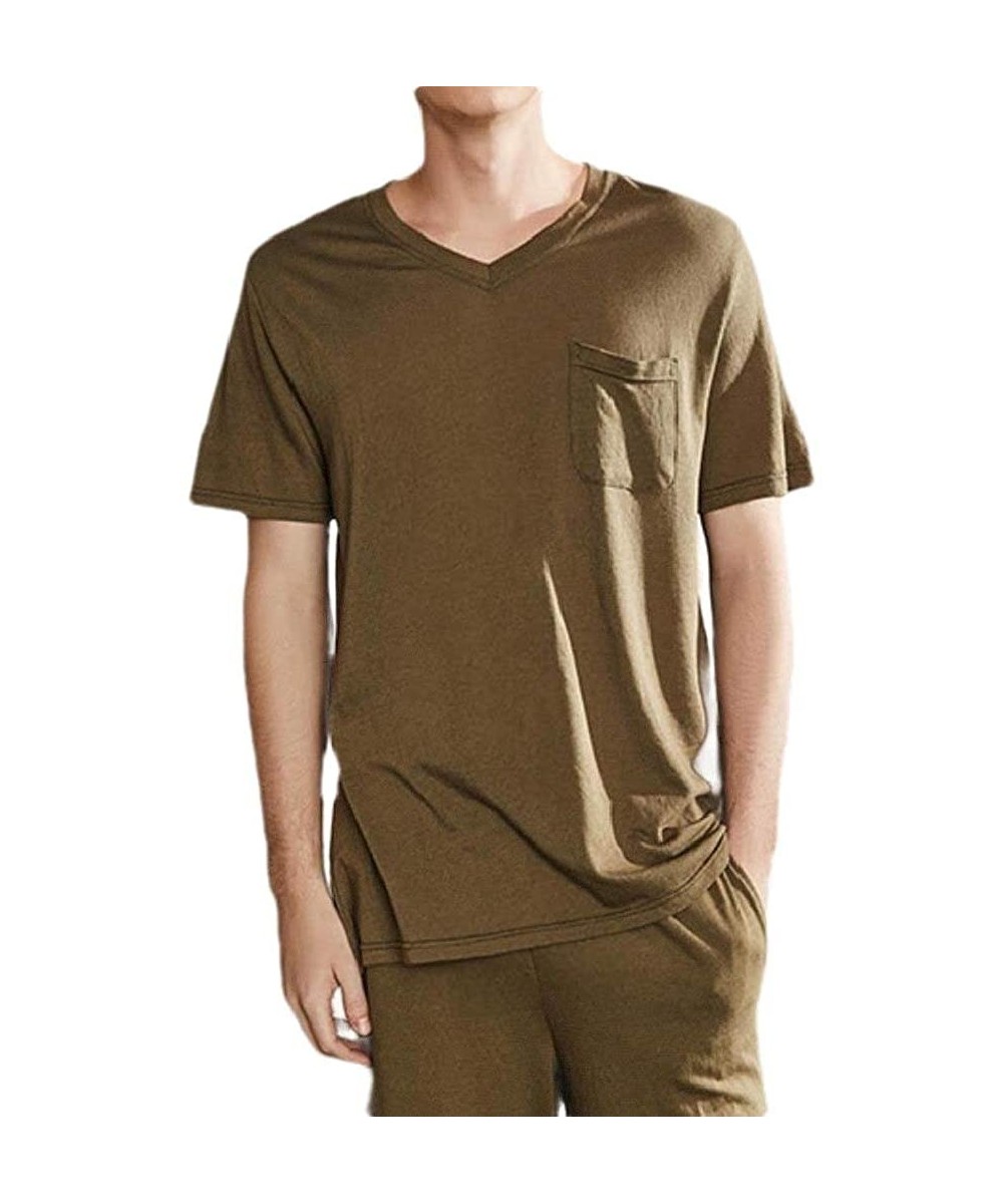 Sleep Sets Men Regular Fit Pajama Breathable Solid Oversized Family Pajama Set - Army Green - C518TOHMQE0