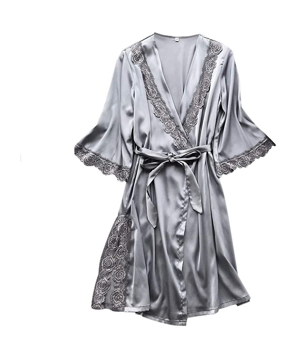 Robes Bathrobe for Women-Sexy V-Neck Rose Embroidery Kimono Robes Loose Fit Full Slip Sleepwear with Sashes - Gray - CQ19840H2N8