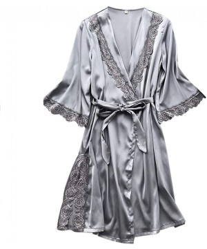 Robes Bathrobe for Women-Sexy V-Neck Rose Embroidery Kimono Robes Loose Fit Full Slip Sleepwear with Sashes - Gray - CQ19840H2N8