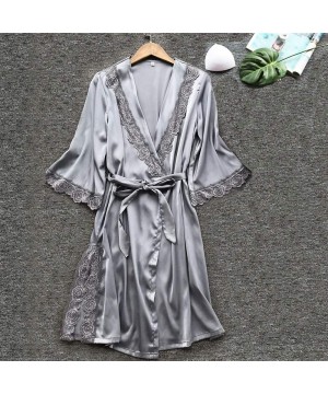 Robes Bathrobe for Women-Sexy V-Neck Rose Embroidery Kimono Robes Loose Fit Full Slip Sleepwear with Sashes - Gray - CQ19840H2N8