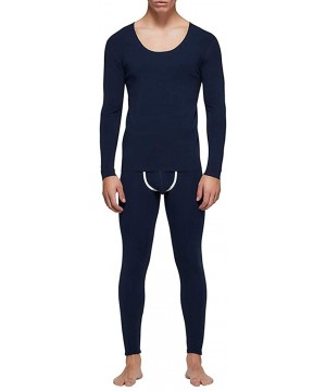 Thermal Underwear Men Thermal Underwear Set Winter Skiing Warm Top & Bottom Thermal Long Johns Solid Plush Sleepwear - Dark B...