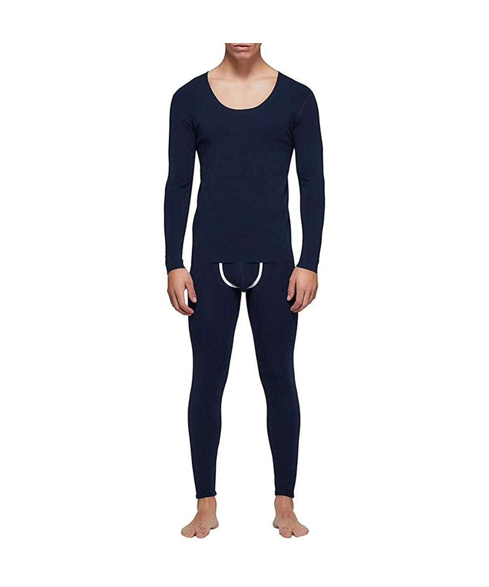 Thermal Underwear Men Thermal Underwear Set Winter Skiing Warm Top & Bottom Thermal Long Johns Solid Plush Sleepwear - Dark B...