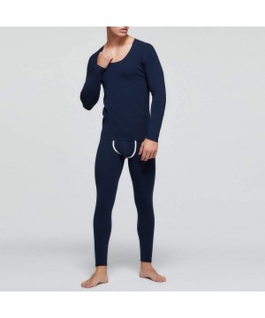 Thermal Underwear Men Thermal Underwear Set Winter Skiing Warm Top & Bottom Thermal Long Johns Solid Plush Sleepwear - Dark B...