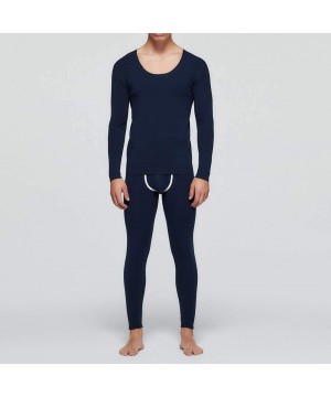 Thermal Underwear Men Thermal Underwear Set Winter Skiing Warm Top & Bottom Thermal Long Johns Solid Plush Sleepwear - Dark B...