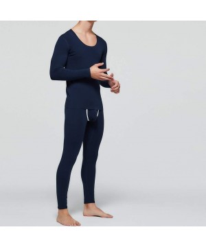 Thermal Underwear Men Thermal Underwear Set Winter Skiing Warm Top & Bottom Thermal Long Johns Solid Plush Sleepwear - Dark B...