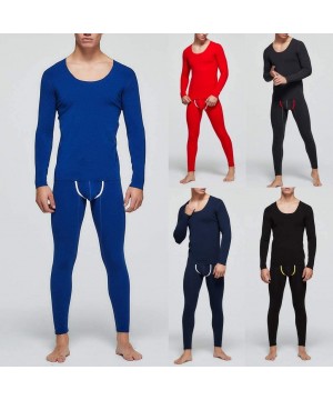 Thermal Underwear Men Thermal Underwear Set Winter Skiing Warm Top & Bottom Thermal Long Johns Solid Plush Sleepwear - Dark B...