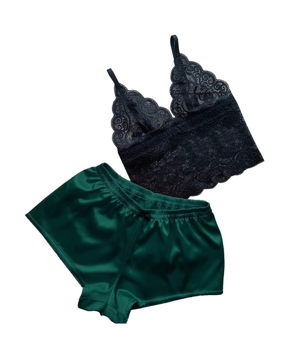 Sets Women's Pajama Sets Lace Satin Sleepwear Sexy Lingerie Satin Pajamas Cami Shorts Set Nightwear - Green - CC194KRE4MU