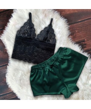 Sets Women's Pajama Sets Lace Satin Sleepwear Sexy Lingerie Satin Pajamas Cami Shorts Set Nightwear - Green - CC194KRE4MU