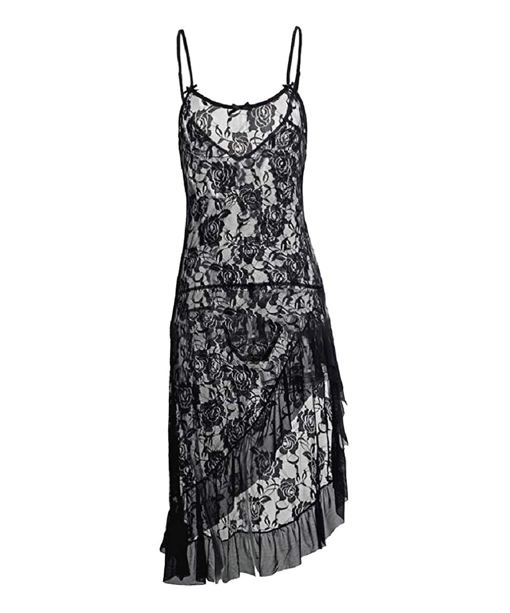 Baby Dolls & Chemises Women's Summer Fashion Lingerie Set Long Strappy Dress See-Through Lace Negligee Chemise Black XXXL - C...