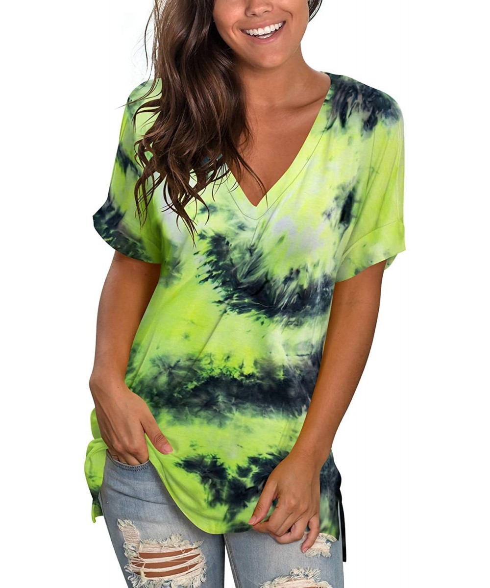 Tops Women's Tshirts Casual V Neck Short Sleeve Loose Summer Tunic Tops - Tie Dye Lemon Green - CJ199E7TDTA