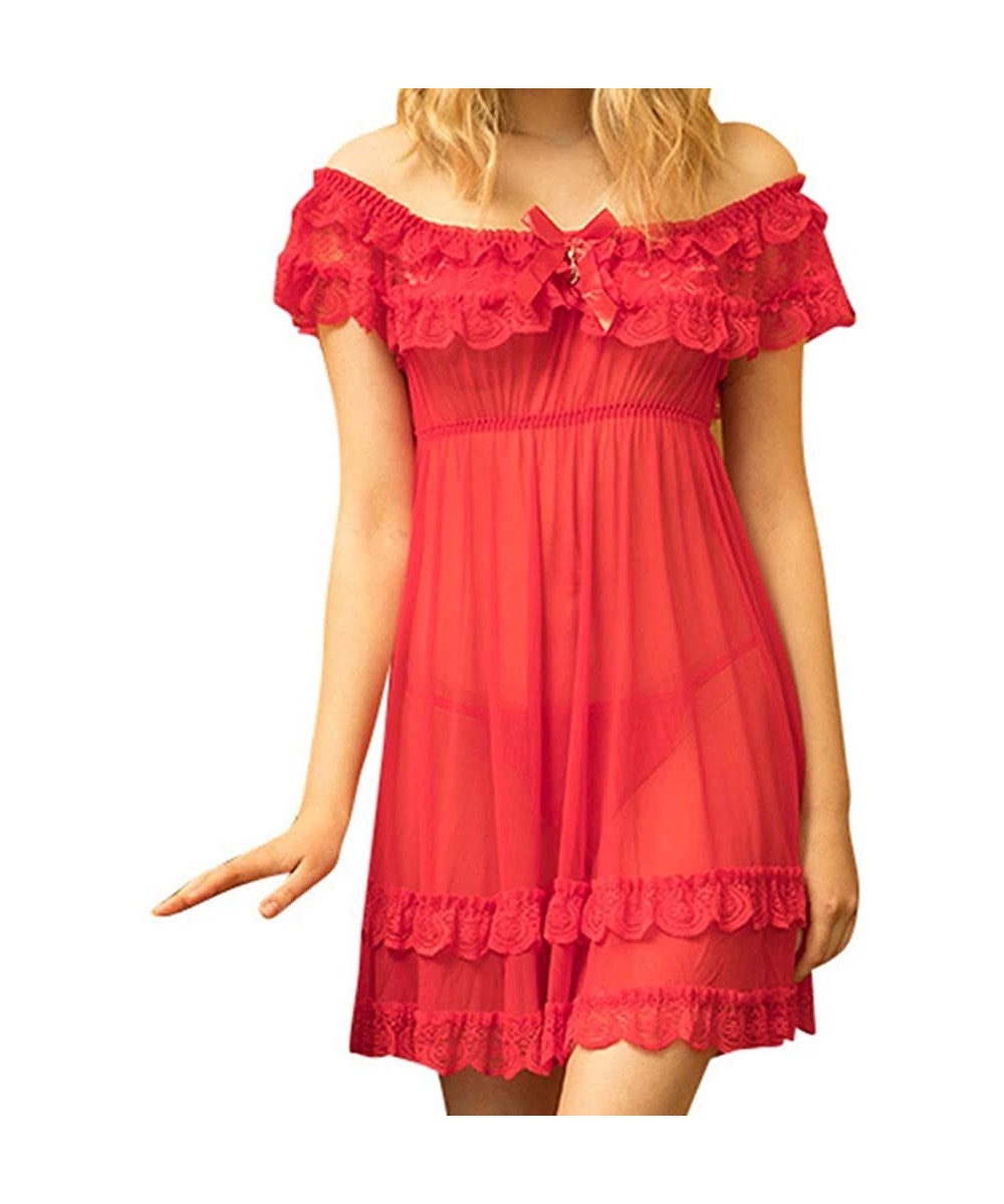 Sets Womens Short Sleeve Lace Satin Vintage Nightdress Pajamas Nightwear Sleepwear - Red - CS18Z9NECR5