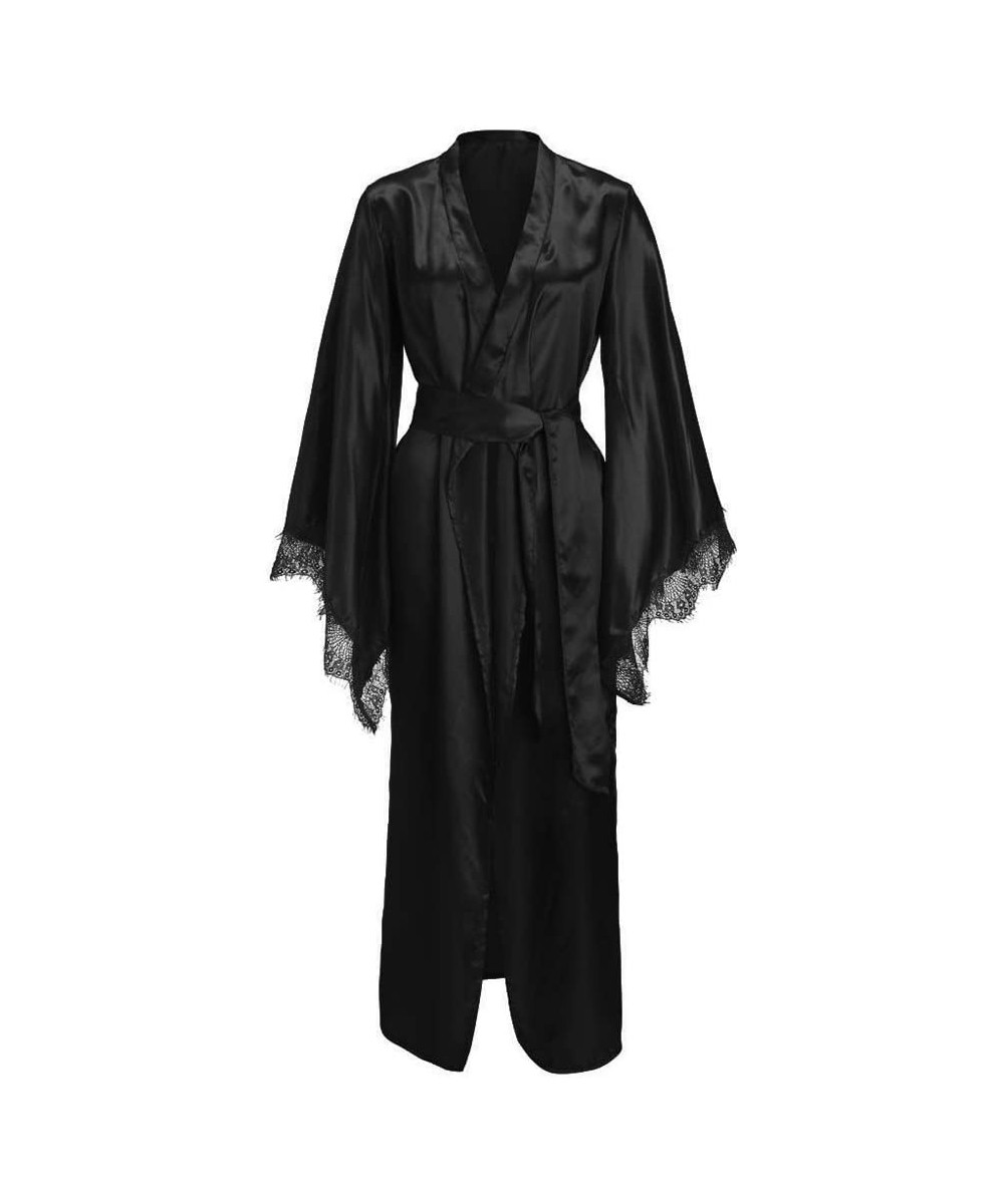 Robes Women's Dressing Gown- Women Sexy Lace Bathrobe Faux Silk Satin Kimono Long Robe Lounge Lingerie Sleepwear Belt Bride P...