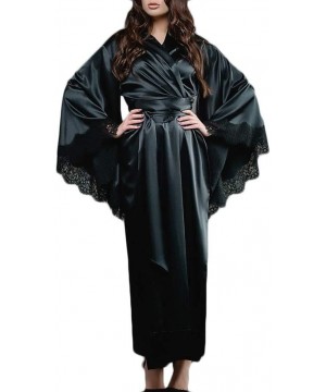 Robes Women's Dressing Gown- Women Sexy Lace Bathrobe Faux Silk Satin Kimono Long Robe Lounge Lingerie Sleepwear Belt Bride P...