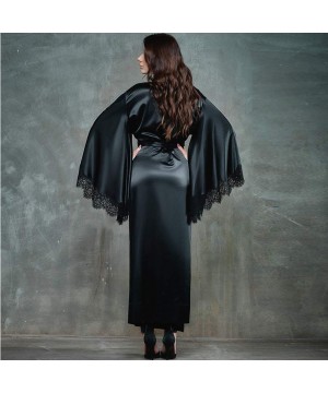 Robes Women's Dressing Gown- Women Sexy Lace Bathrobe Faux Silk Satin Kimono Long Robe Lounge Lingerie Sleepwear Belt Bride P...