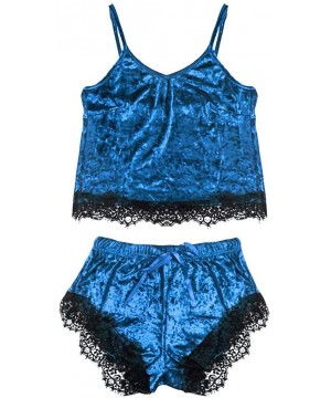 Sets Velvet Pyjamas Set New Women Sexy Lingerie Camisole Shorts V-Neck Tops Velvet Pajamas Sleepwear - Blue - CQ196SLWCL7