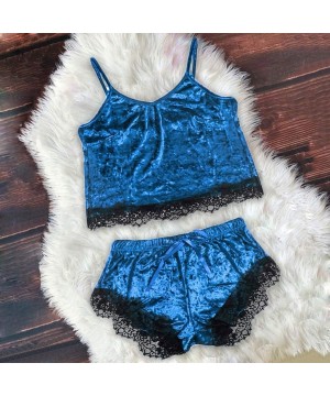 Sets Velvet Pyjamas Set New Women Sexy Lingerie Camisole Shorts V-Neck Tops Velvet Pajamas Sleepwear - Blue - CQ196SLWCL7