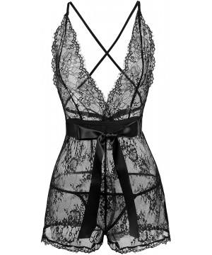 Baby Dolls & Chemises Women Sexy Lingerie Set Floral Lace Babydoll Sexy Teddy with G-String/Lace Short Sets - A7100-black - C...