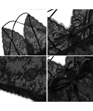 Baby Dolls & Chemises Women Sexy Lingerie Set Floral Lace Babydoll Sexy Teddy with G-String/Lace Short Sets - A7100-black - C...