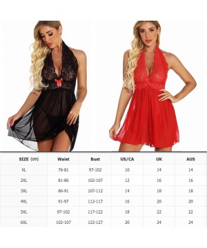 Baby Dolls & Chemises Women's Plus Size Lingerie Deep V Lace Bodysuit Teddy Sleepwear Mesh Nigthgown - Red(halter) - CS19CQD2HYC