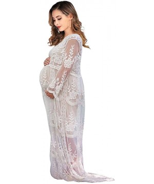 Nightgowns & Sleepshirts Women's Long Sleeve V Neck White Lace Floral Maternity Gown Maxi Photography Dress - White - CC18ZKR...