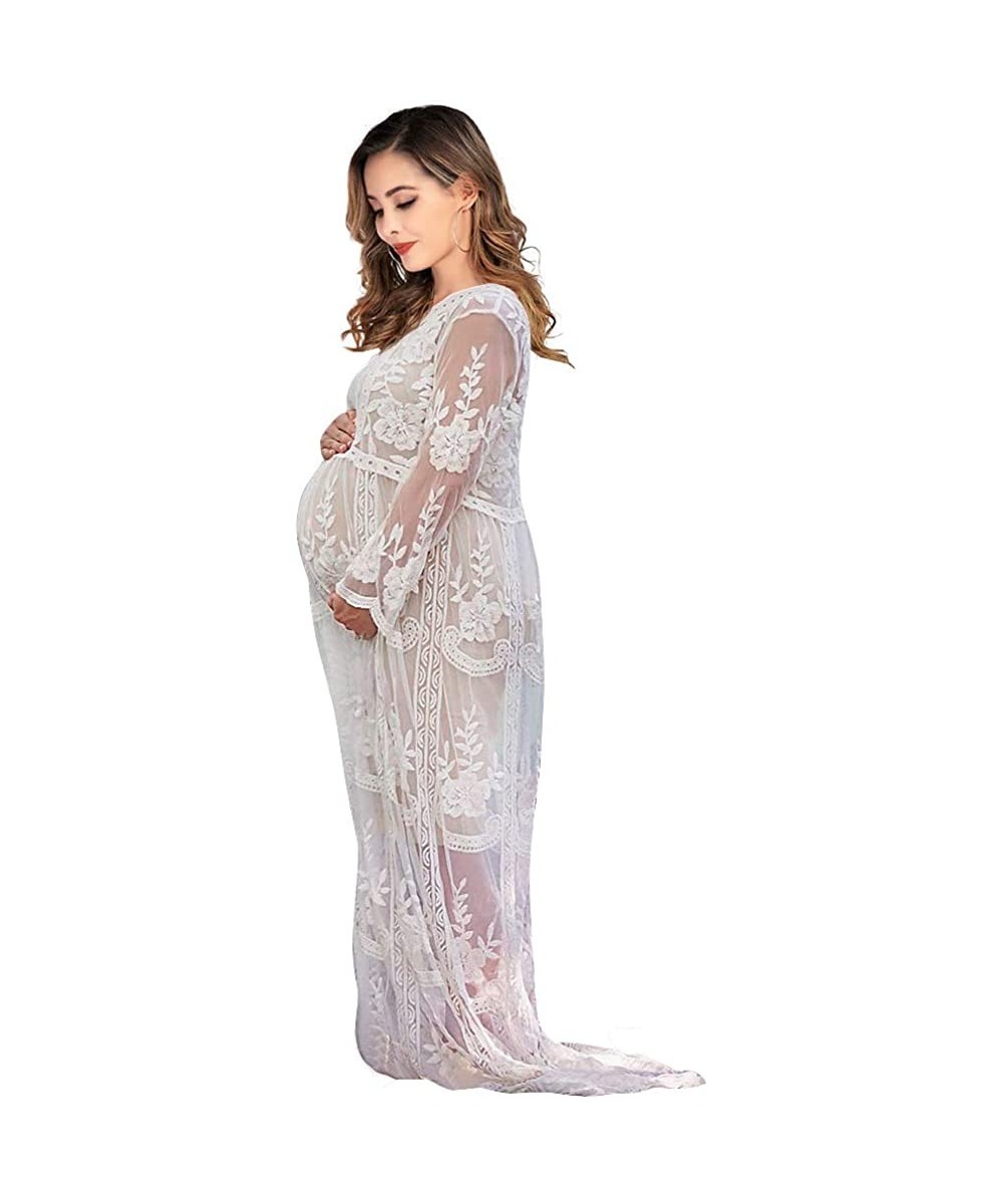 Nightgowns & Sleepshirts Women's Long Sleeve V Neck White Lace Floral Maternity Gown Maxi Photography Dress - White - CC18ZKR...