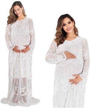 Nightgowns & Sleepshirts Women's Long Sleeve V Neck White Lace Floral Maternity Gown Maxi Photography Dress - White - CC18ZKR...