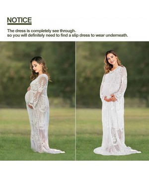 Nightgowns & Sleepshirts Women's Long Sleeve V Neck White Lace Floral Maternity Gown Maxi Photography Dress - White - CC18ZKR...