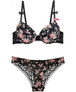 Bras Push up Padded Bras Floral Underwire Lace Bra and Panty Set Sexy Soft - Flower Black - CT18TTS5AMT